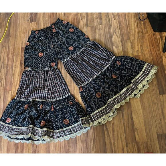 Boho Floral Print Wide Leg Bell Bottom Pants XL Festival Hippie Indie Gypsy Retr - Picture 8 of 12